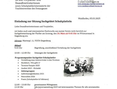 Einladung zur Sitzung des Sachgebiets Schuhplattler